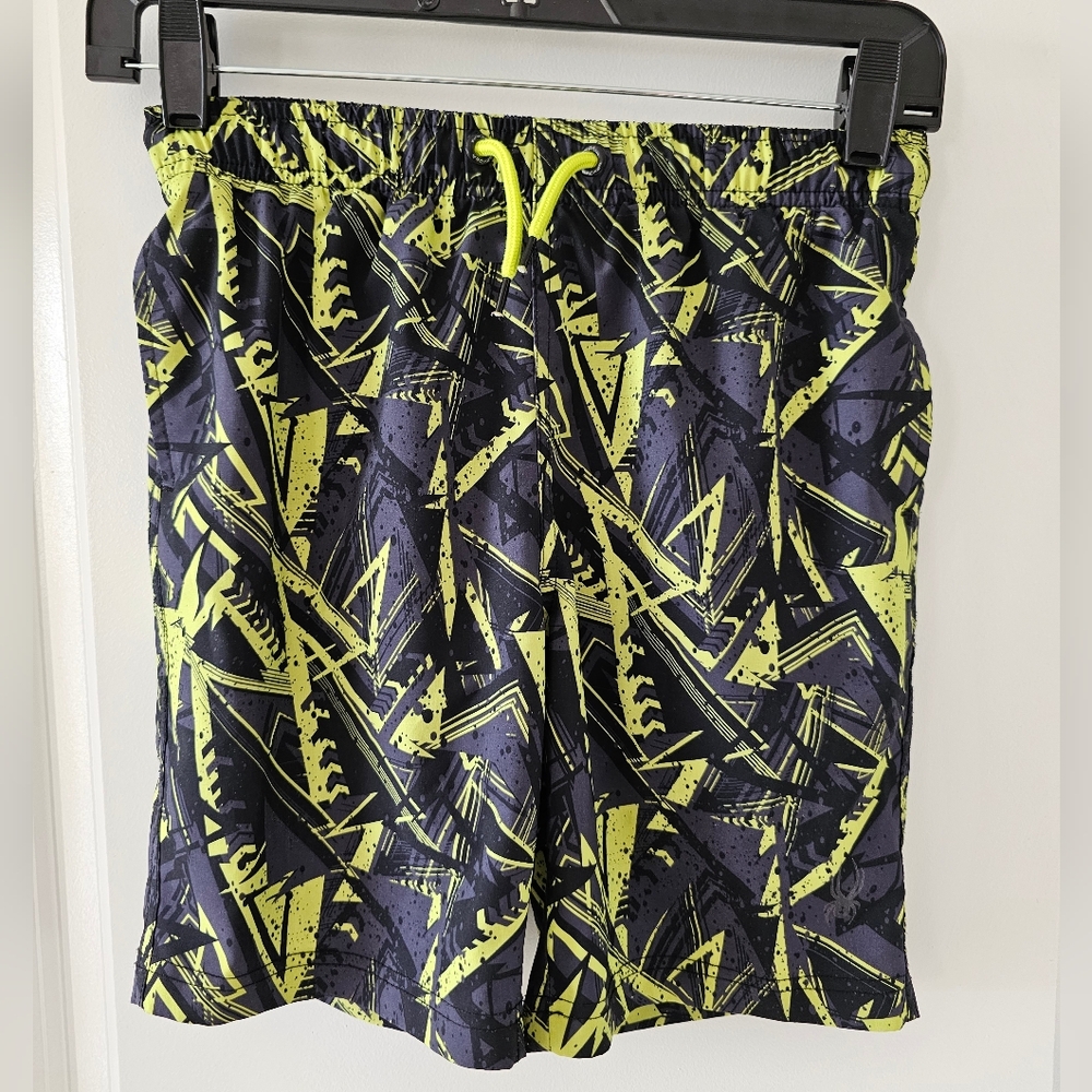 sz7/8 Spyder‎ drawstring waist black green hybrid bathing suit / shorts pockets